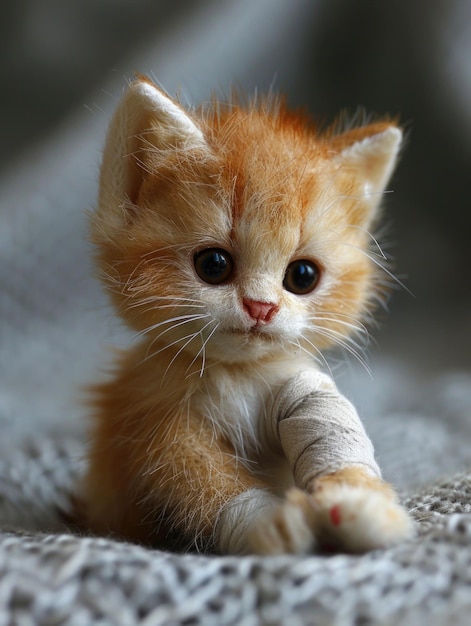 Ein kleines orangefarbenes Kätzchen mit Bandage am Bein sitzt auf einem Bett