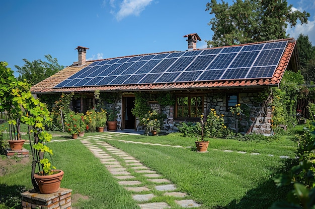 Ein kleines Privathaus mit einem Weinberg und Solarmodulen auf dem Dach