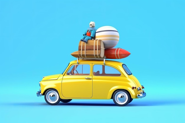 Ein kleines Retro-Auto voller Gepäck und Strandausrüstung auf dem Dach, perfekt für einen sommerlichen Roadtrip. Der blaue Hintergrund und das leuchtend gelbe Auto sorgen für eine lustige und lebhafte Atmosphäre