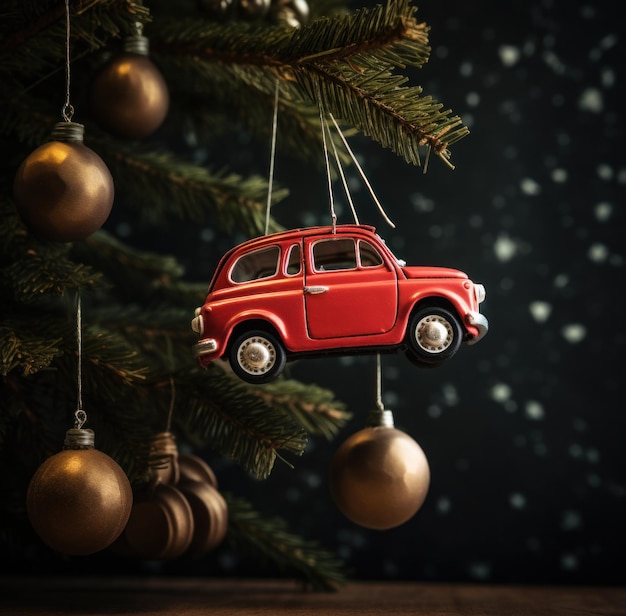 ein kleines rotes Auto mit einem Weihnachtsbaum