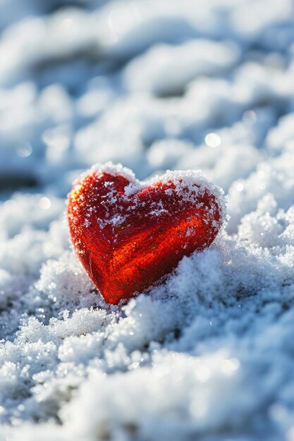 Ein kleines rotes Herz liegt auf dem Schnee, selektiver Fokus, generative KI.