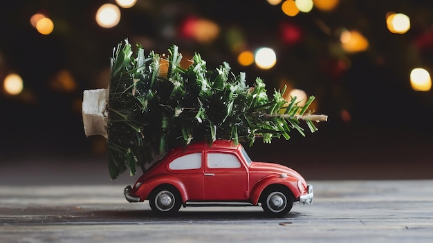 Ein kleines rotes Spielzeugwagen trägt einen Weihnachtsbaum, eine Neujahrskristallkarte