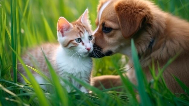 Foto ein kleines welpen mit einem kleinen kätzchen freundschaft ki generiert