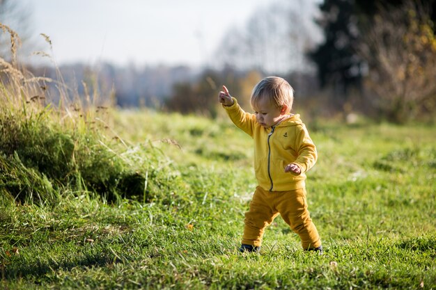 Ein Kleinkind Kleinkind in einer gelben Jacke zeigt mit dem Finger auf etwas in einem Herbstpark, Indian Summer.