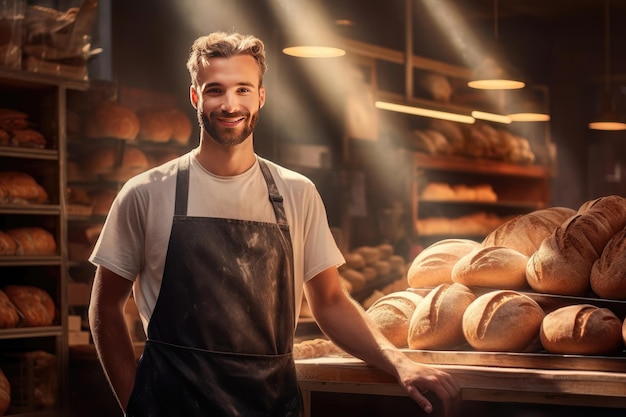 Ein Kleinunternehmer steht stolz vor seiner blühenden Handwerksbäckerei, die von KI generiert wurde.