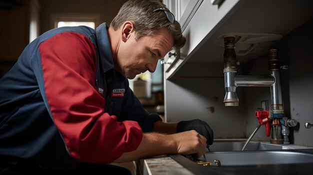 Foto ein klempner repariert einen undichten wasserhahn in einem küchenbecken