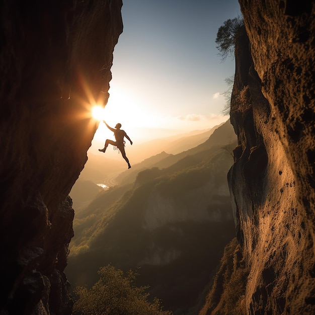 Ein Kletterer hält sich an einem Felsen über einem Abgrund fest. Im Gegenlicht steht ein Mann über einem Abgrund in den Bergen