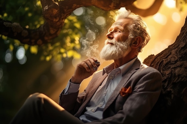 Ein kluger, hübscher alter Mann atmet reine Luft aus dem Baum.