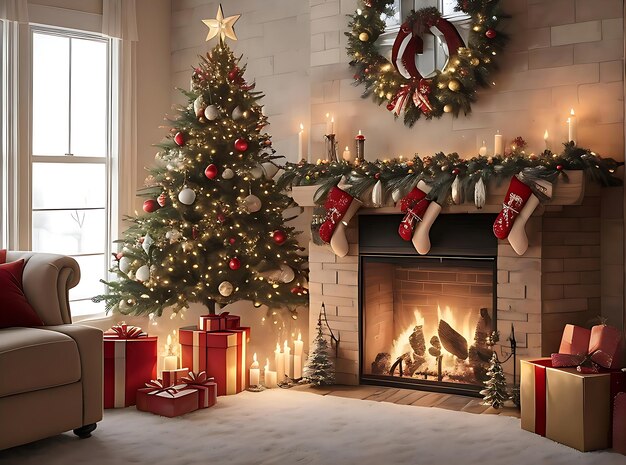 Foto ein knisternder kamin, strümpfe hängen am kaminsims und ein wunderschön geschmückter weihnachtsbaum