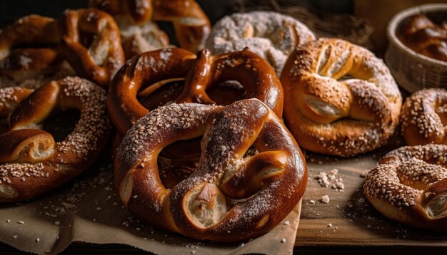 Ein knuspriger Stapel von Gourmet-Brezeln und Bagels, die von KI generiert werden