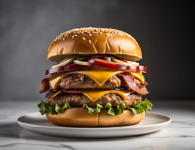 Ein knuspriger und leckerer Hamburger auf einem Holztablett mit dunklem Hintergrund und generativer KI