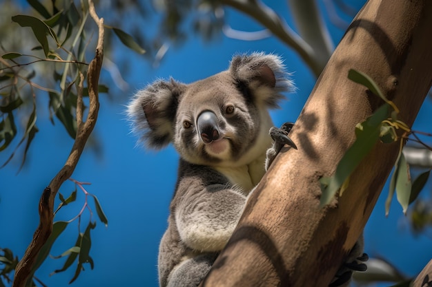 Ein Koala in einem Baum, der in die Kamera schaut