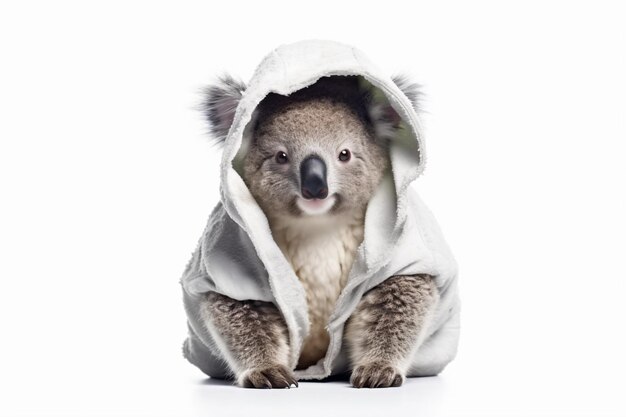 ein Koala in einem Handtuch, der auf dem Boden sitzt