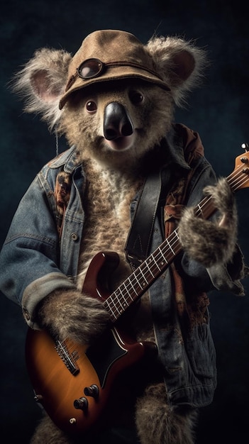 Ein Koala mit einer Gitarre in der Hand spielt Gitarre.