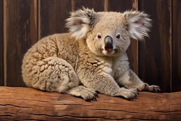 ein Koala mit schwarzer Nase und einer schwarzen Nase sitzt auf einem Holzstuhl.