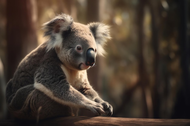 Ein Koala sitzt auf einem Baumstamm in einem Wald.