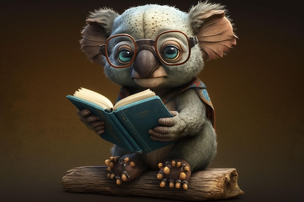 Ein Koala sitzt auf einem Baumstamm und liest ein Buch.