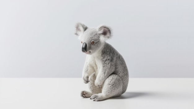 Ein Koala sitzt auf einem weißen Tisch.