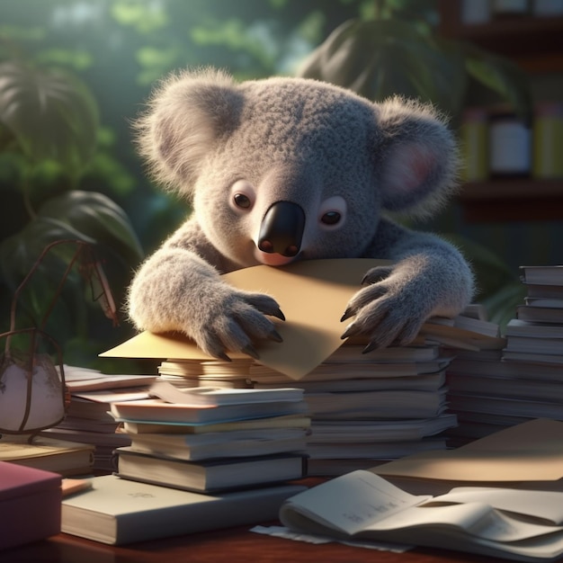 Ein Koala sitzt mit einem Stapel Bücher und einem Buch an einem Schreibtisch.