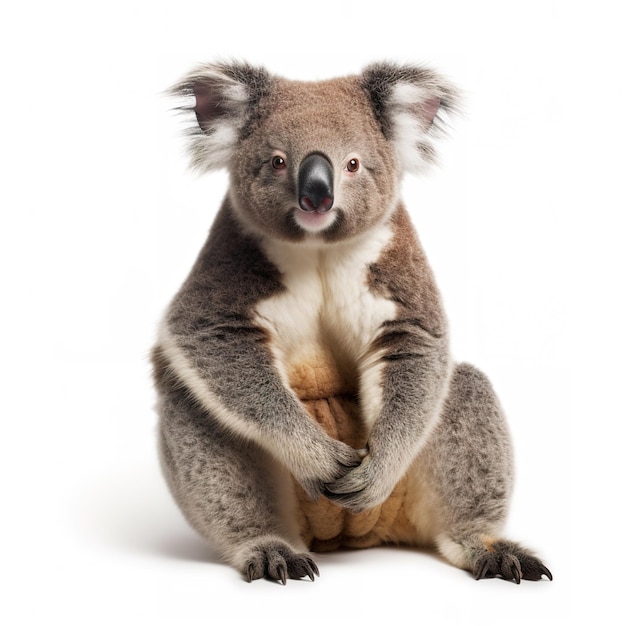 Ein Koala sitzt mit gekreuzten Vorderpfoten da.