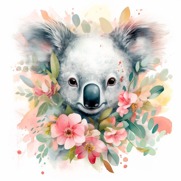 ein Koalabär mit Blumen und einem Bild eines Koalas