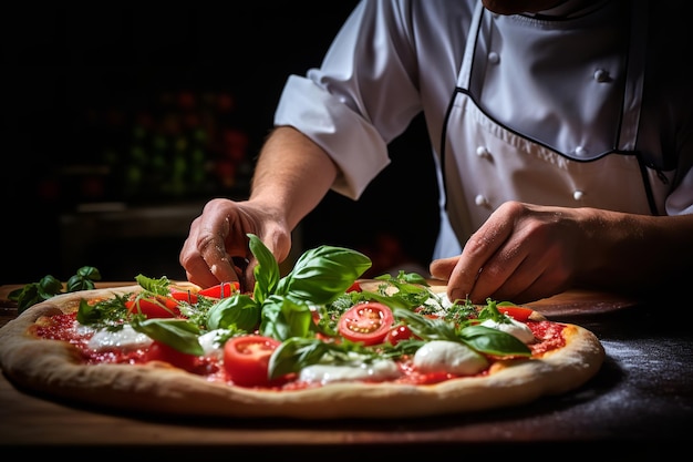 Ein Koch belegt eine Pizza mit frischen Basilikumblättern