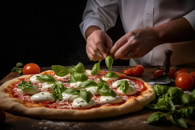 Ein Koch belegt eine Pizza mit frischen Basilikumblättern