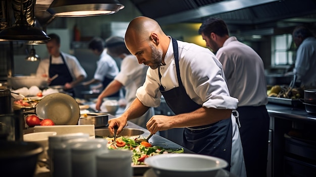 Ein Koch bereitet eine Gourmetmahlzeit in einer geschäftigen Restaurantküche vor