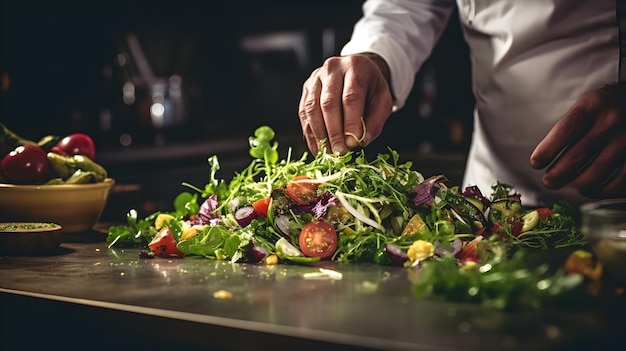 Ein Koch bereitet einen nährstoffreichen Salat vor