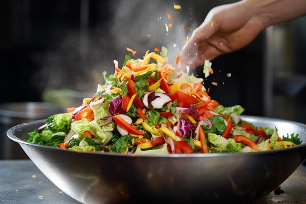 Ein Koch, der einen Salat mit buntem Gemüse in einer Edelstahlschüssel wirft