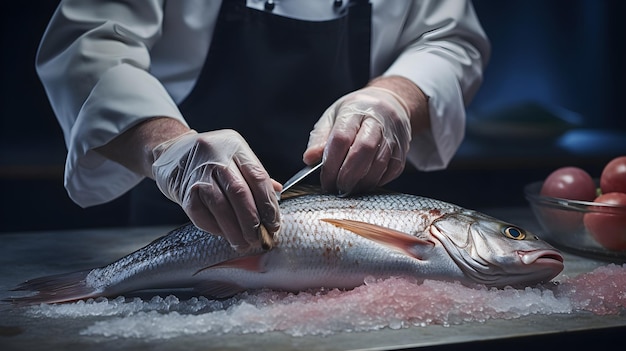 Ein Koch, der frischen Fisch filettiert und zubereitet