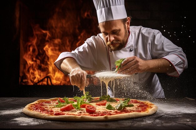 Ein Koch garniert eine Fleischpizza mit frischen Basilikablättern