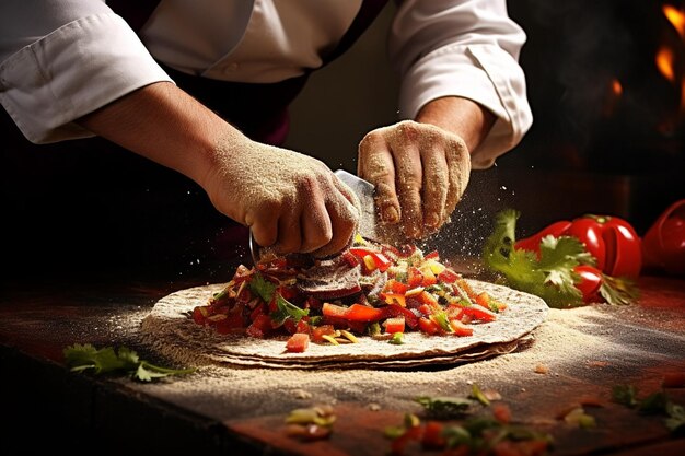 Ein Koch gewürztes Fajita-Fleisch mit einem Spritzer geräuchertem Paprika