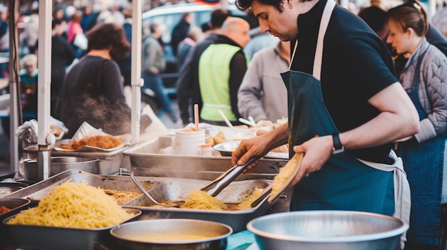 Ein Koch gibt einem Mann auf einem Straßenmarkt Tacos