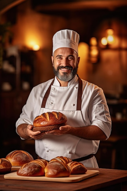 Ein Koch hält Brote vor einem Brottisch