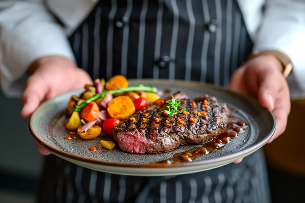 Ein Koch hält einen Teller mit Steak und Kartoffeln