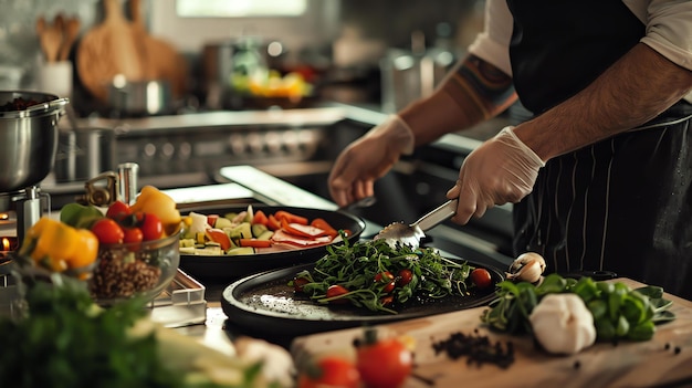 Ein Koch in einer schwarzen Schürze und weißen Handschuhen kocht in einer kommerziellen Küche. Er benutzt Zangen, um etwas Grün auf einen Teller zu legen.