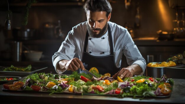 Ein Koch in Uniform bereitet in einer geschäftigen Küche geschickt Essen vor