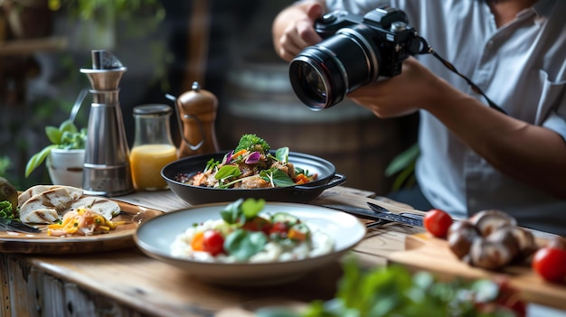 Ein Koch macht ein Foto von einem wunderschön beschichteten Gericht in einem Restaurant