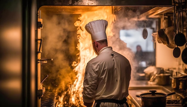 Ein Koch mit hohem Hut, der Essen in einer modernen Restaurantküche kocht Generative KI