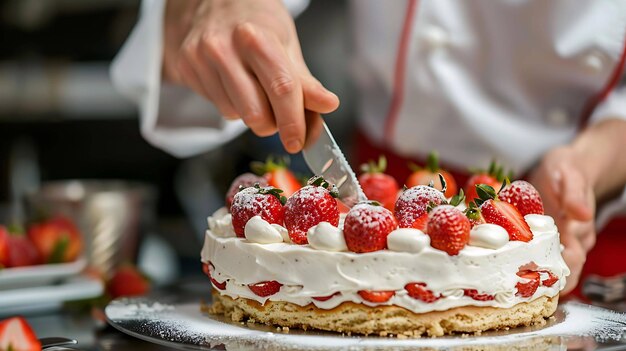 Ein Koch schneidet vorsichtig einen Erdbeerkuchen, der mit frischen Erdbeeren und Schlagsahne geschmückt ist.