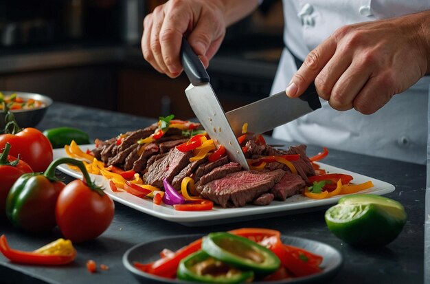 Ein Koch schneidet zartes Rindfleisch für Steak-Fajitas mit Pre