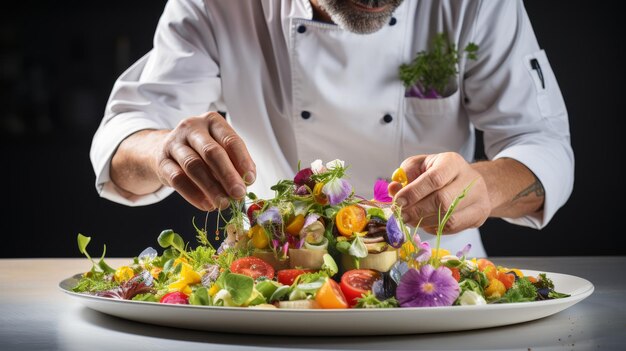 Ein Koch stellt sorgfältig einen lebendigen Salat auf einem Teller zusammen