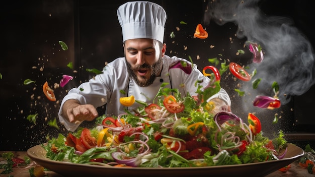 Ein Koch streut vorsichtig ein buntes Gemüse auf einen frischen Salat