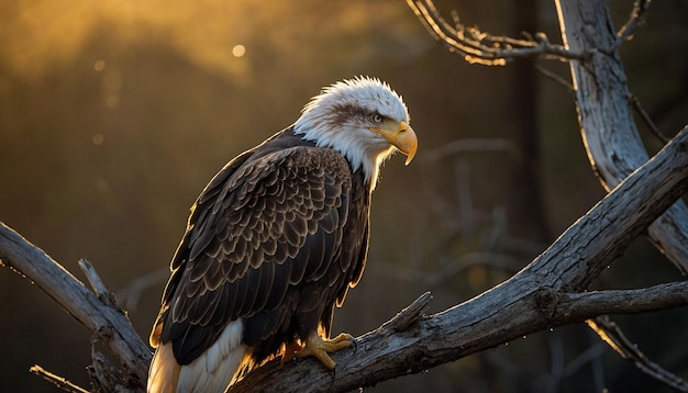 Ein königlicher kahlköpfiger Adler sitzt auf einem verwitterten Baumzweig, sein durchdringender Blick ist auf den Horizont gerichtet, während der