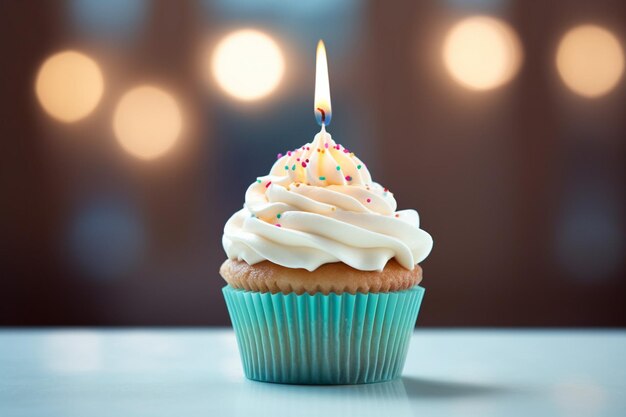 Ein köstlich aussehender Cupcake mit angezündeter Kerze