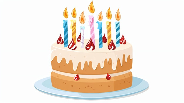 Ein köstlich aussehender Geburtstagskuchen mit sieben Kerzen oben Der Kuchen ist mit weißem Glasur bedeckt und hat rote und blaue Streuungen oben