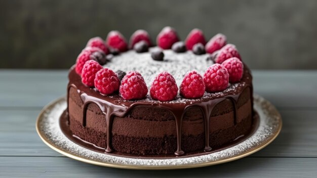 Ein köstlich dekadenter Schokoladenkuchen mit Himbeeren und Schokoladenregen