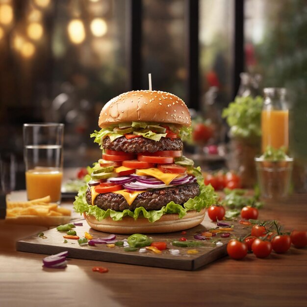 Ein köstlicher Burger, der mit einem Orangengetränk auf einem Tisch serviert wird