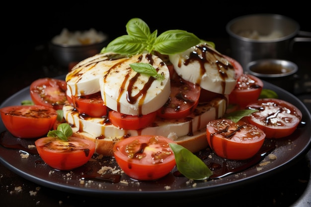 Ein köstlicher Caprese-Salat mit reifen Tomaten, Mozzarella-Käse und frischen Basilikablättern auf dunklem Hintergrund